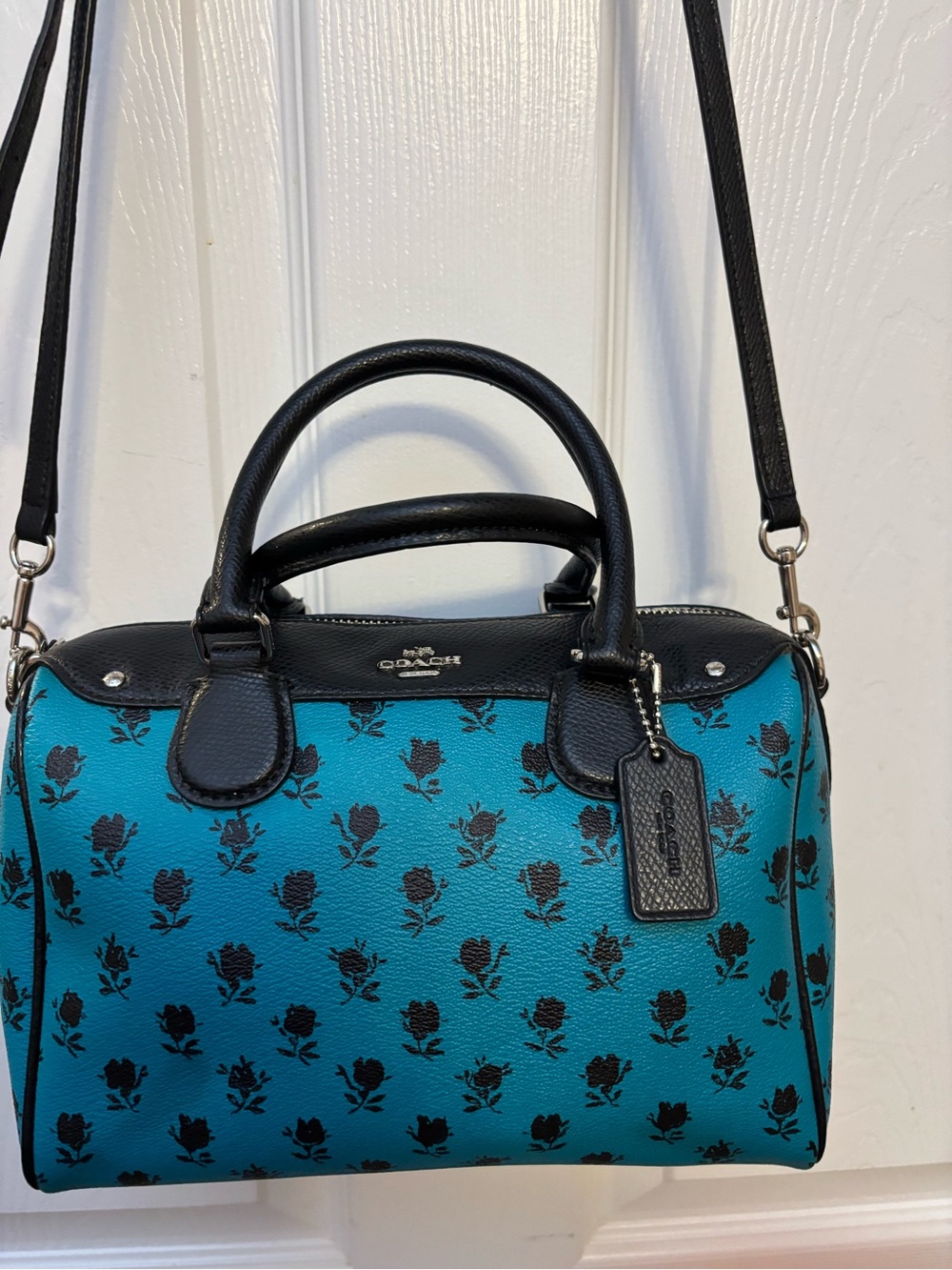 Coach Teal Floral Print Leather Satchel with Black Trim and Strap